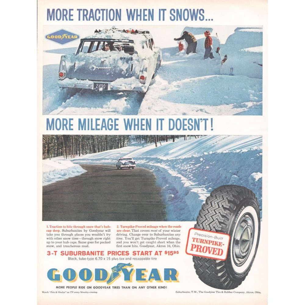 1960 Goodyear Suburbanite Snow Tire Vintage Print Ad Winter Time Wall Art Photo